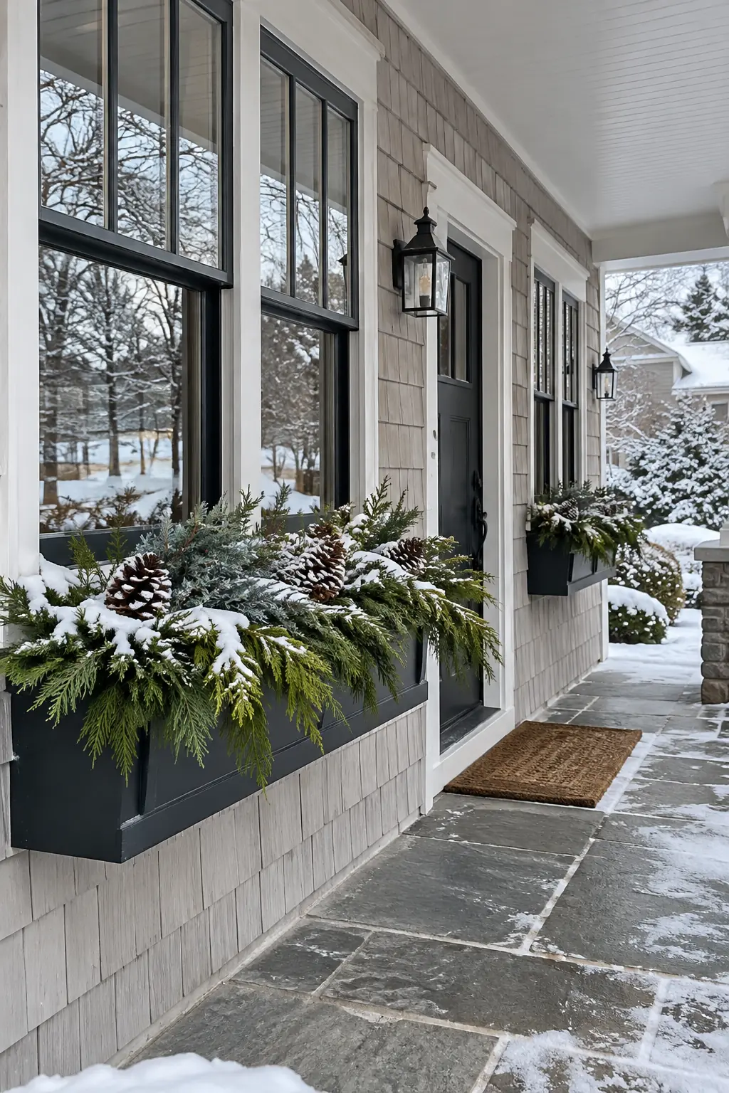 Long winter window boxes filled with cedar, fir, and pinecones