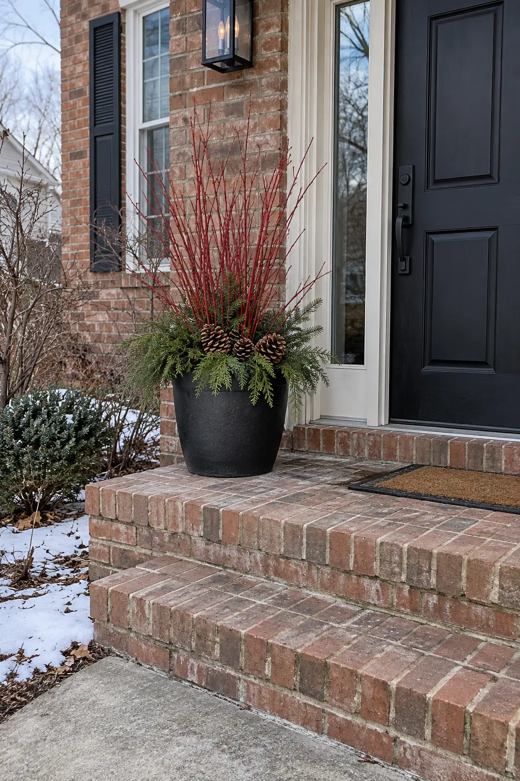 Black winter porch planter with red-twig dogwood and evergreen cuttings