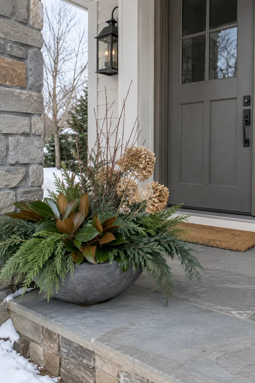 Low stone porch bowl with magnolia leaves, dried hydrangeas, and evergreen branches