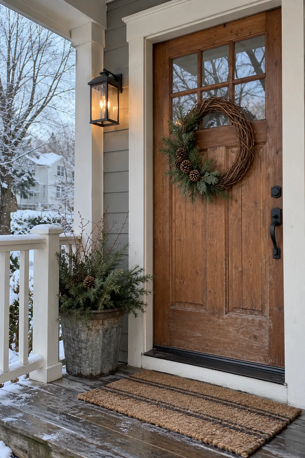Wood front door with an open grapevine wreath and sparse cedar accents