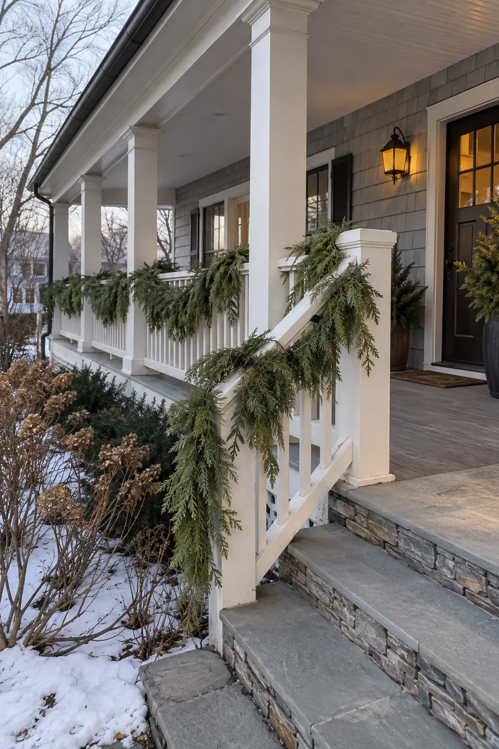 White porch railing with loosely draped cedar garland after snowfall