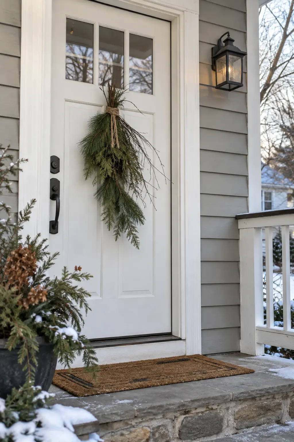 White front door with a narrow cedar and twig winter swag