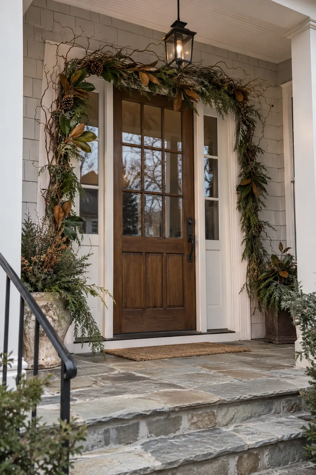 Covered stone porch with an asymmetrical evergreen garland around a wood door