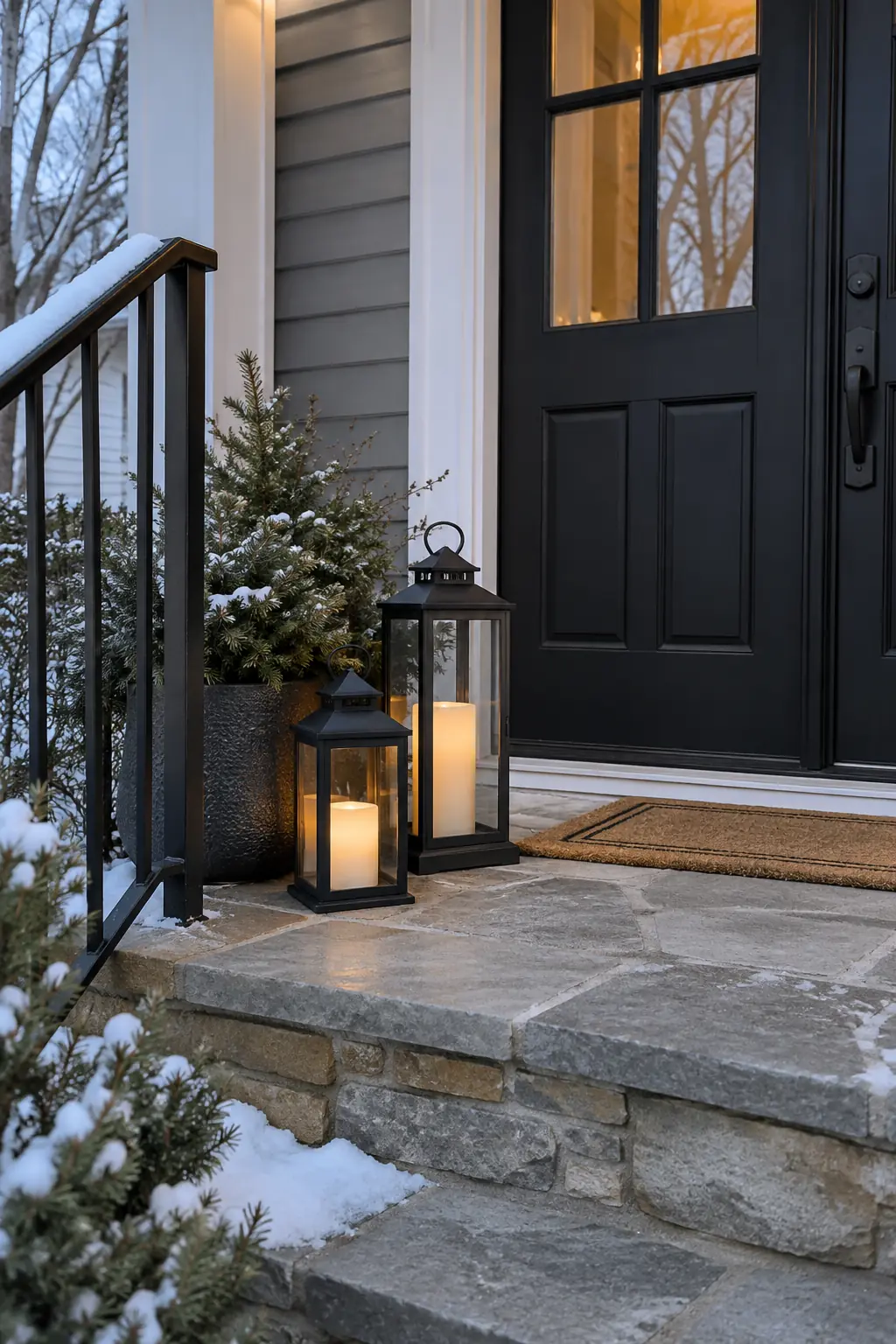 Winter porch steps with enclosed black lanterns and small potted evergreens