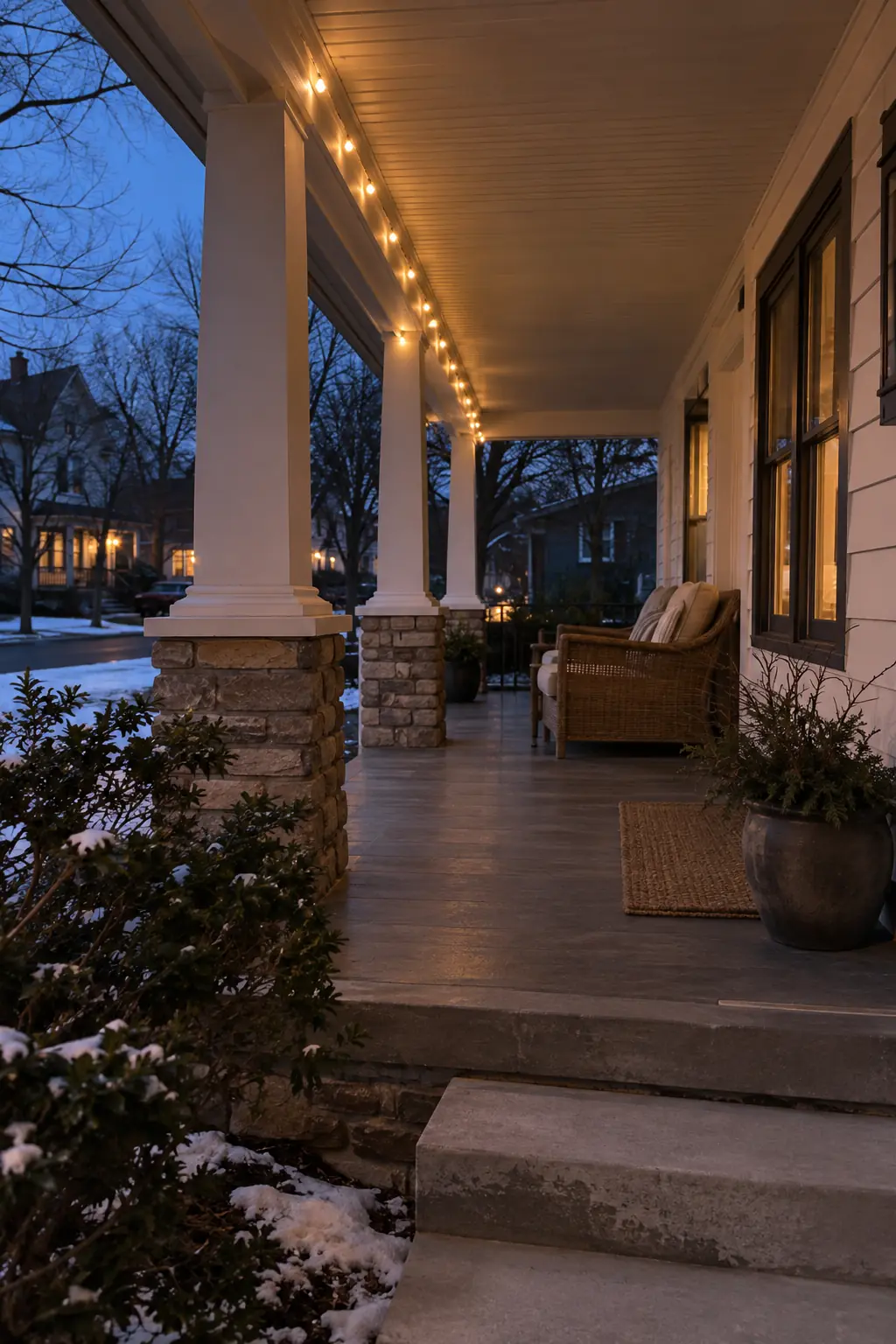 Long covered porch with warm outdoor café lights at winter dusk