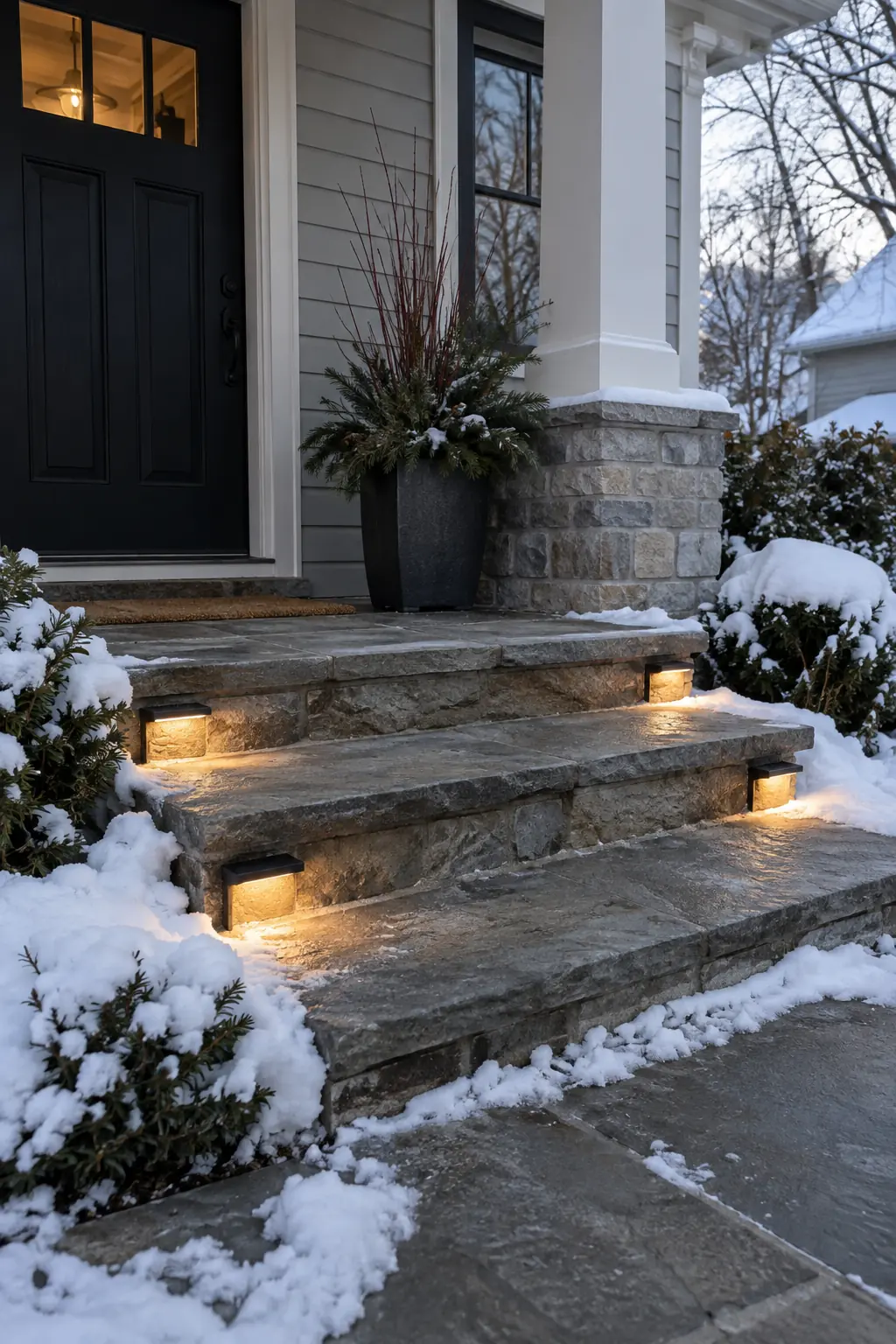 Snowy stone porch steps with small warm lights mounted along the side