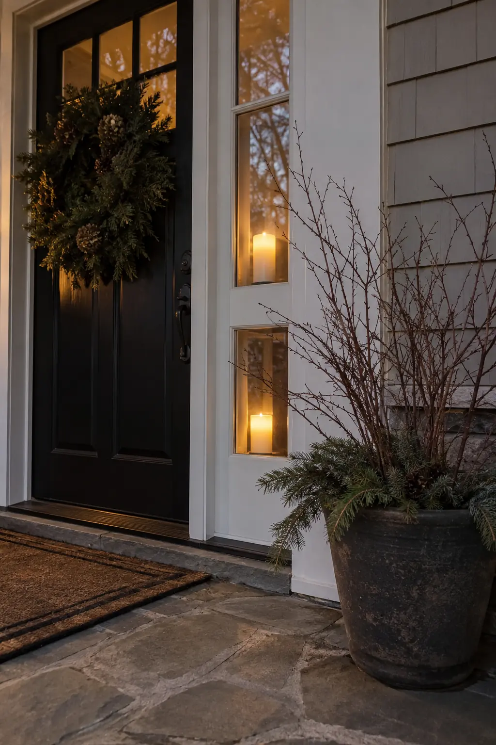 Black door with a single lantern, bare branches, and an evergreen planter