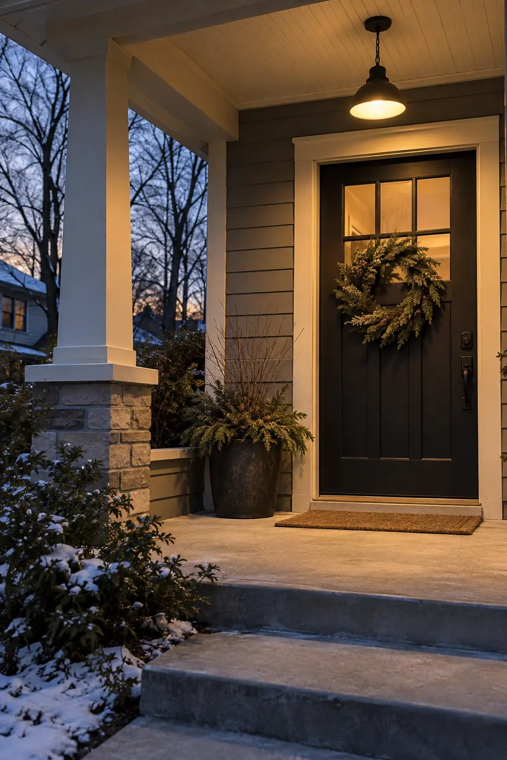 Covered gray porch with a warm downward sconce and simple winter wreath