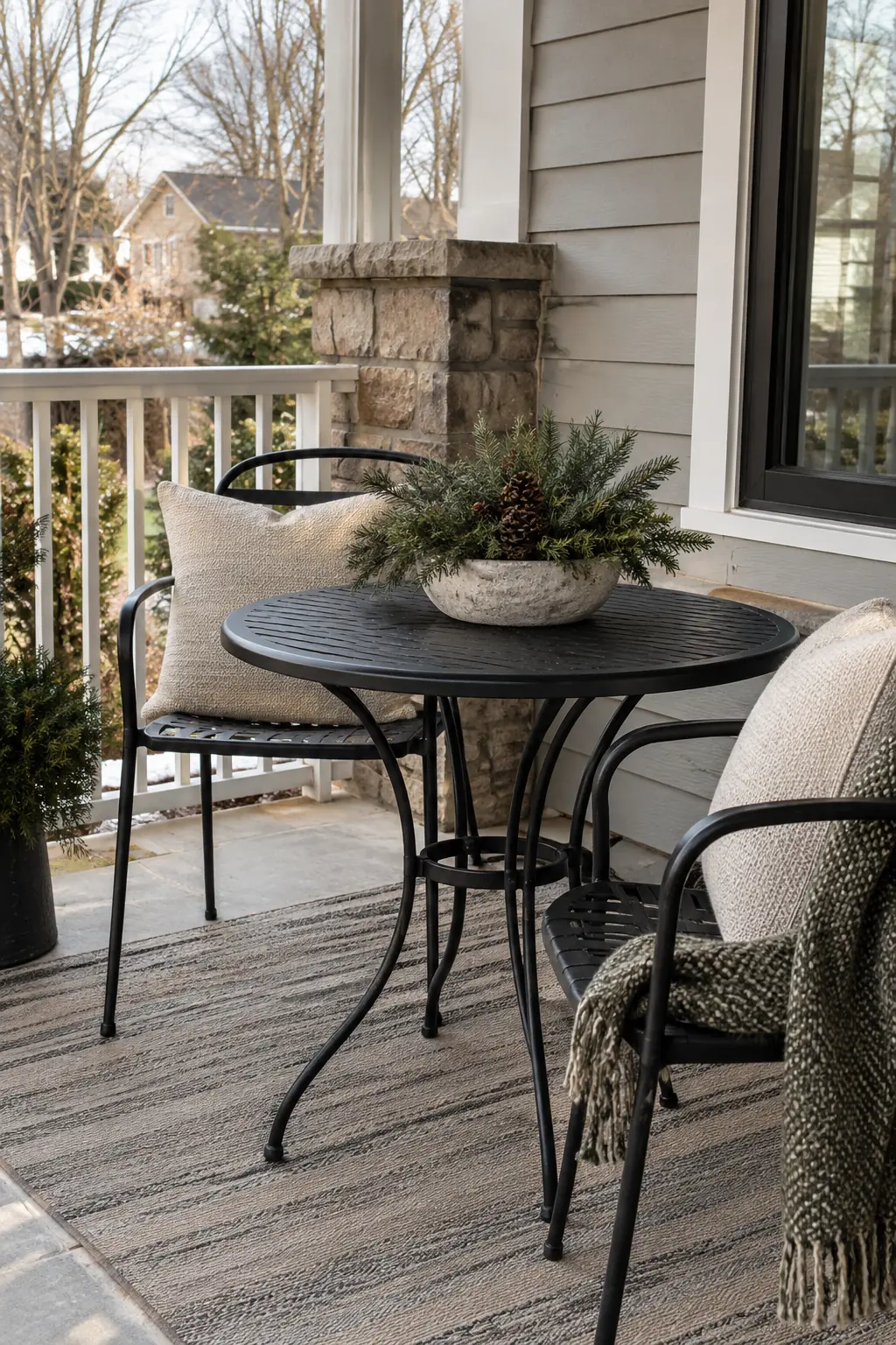 Covered porch with a small black bistro table and low evergreen centerpiece