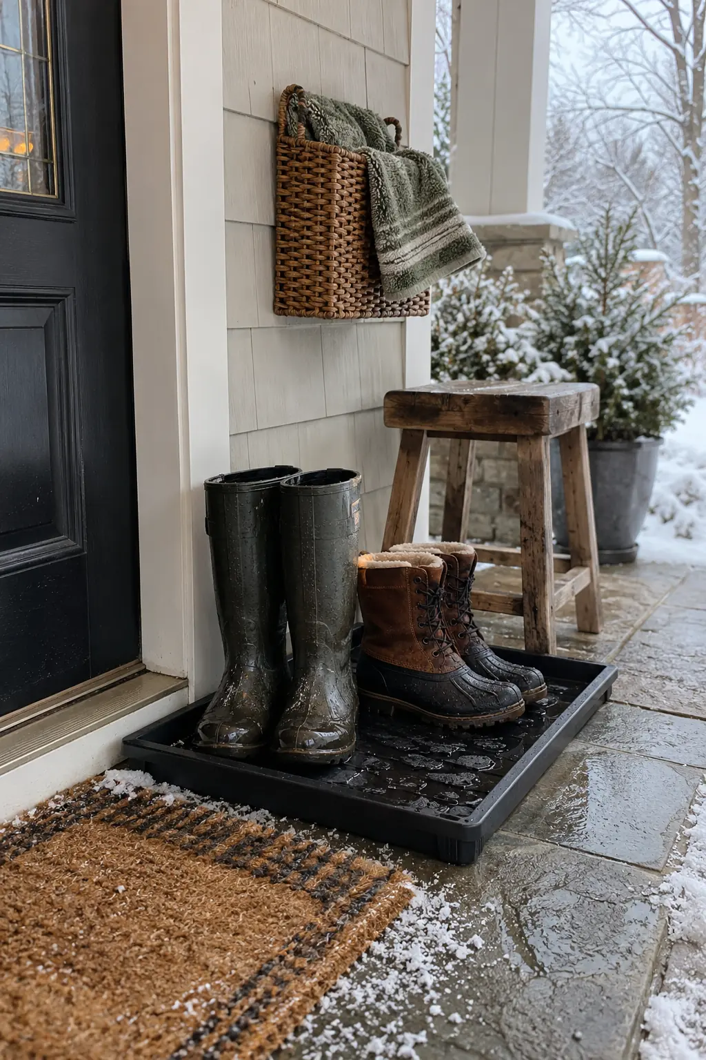 Winter porch boot tray with tall rain boots, work boots, and a nearby basket