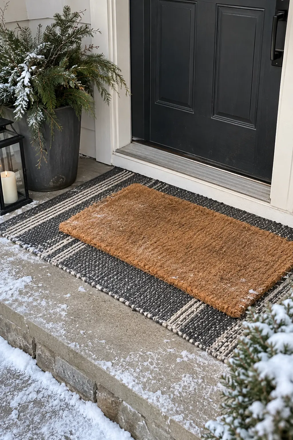 Winter front door with a coir mat layered over a black-and-cream outdoor rug