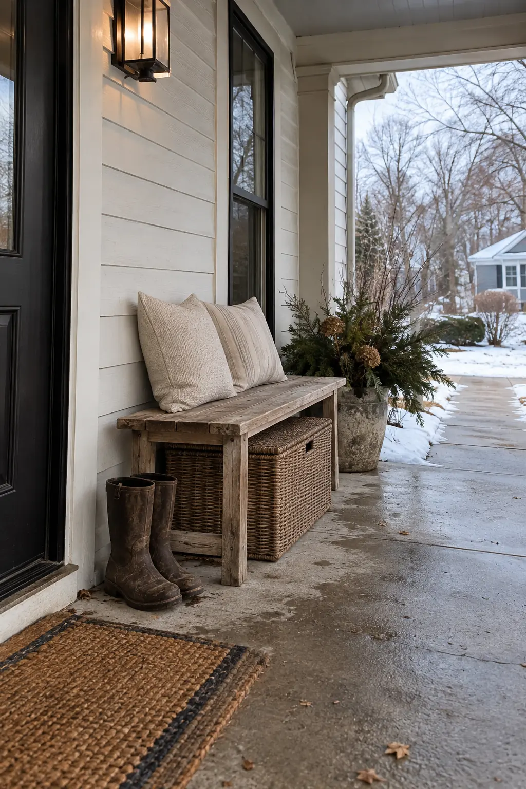 Winter porch with a compact wood storage bench, baskets, and boots