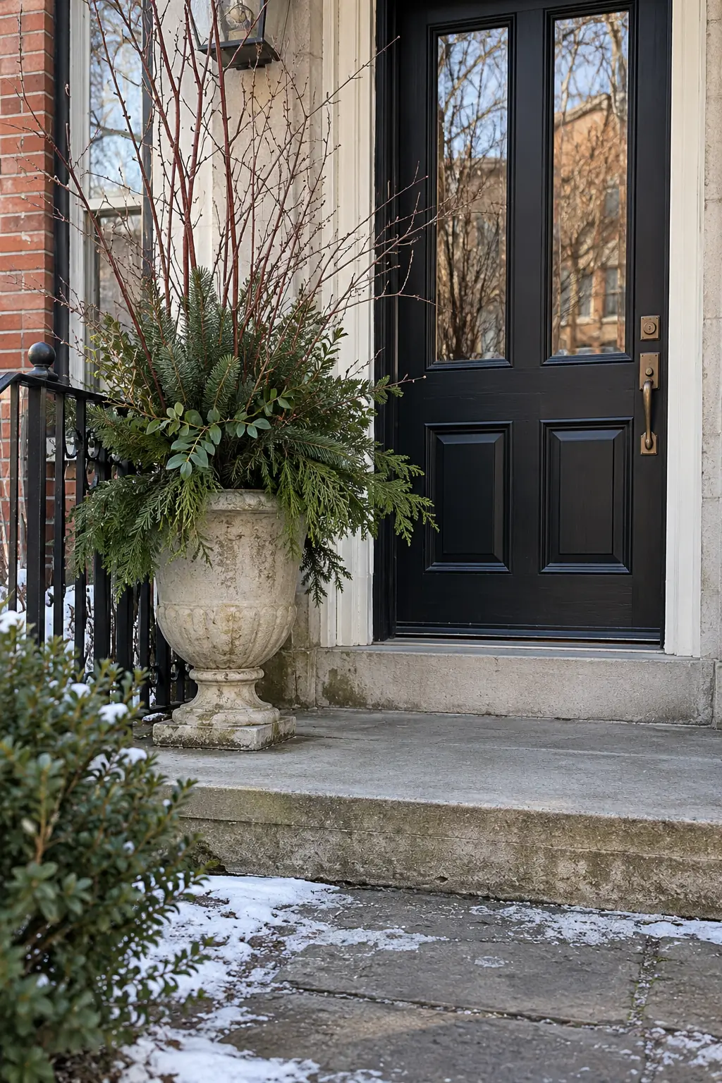 Traditional porch with one aged stone urn filled with loose winter branches