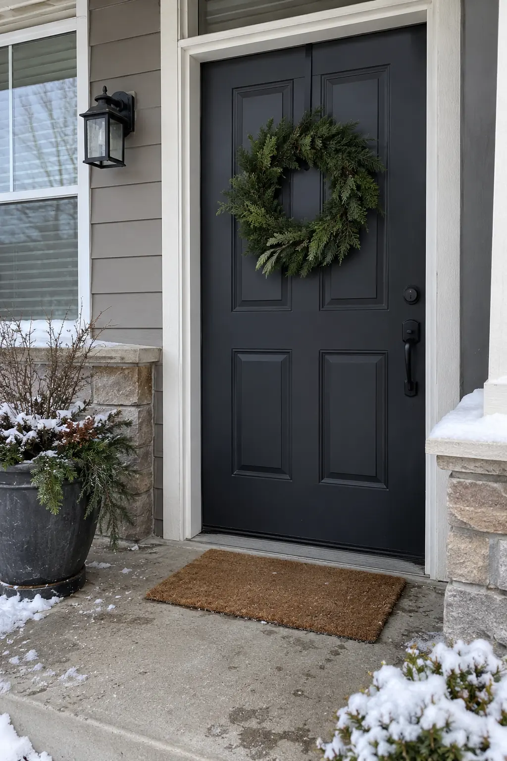 Charcoal front door with a compact green boxwood wreath and clear threshold