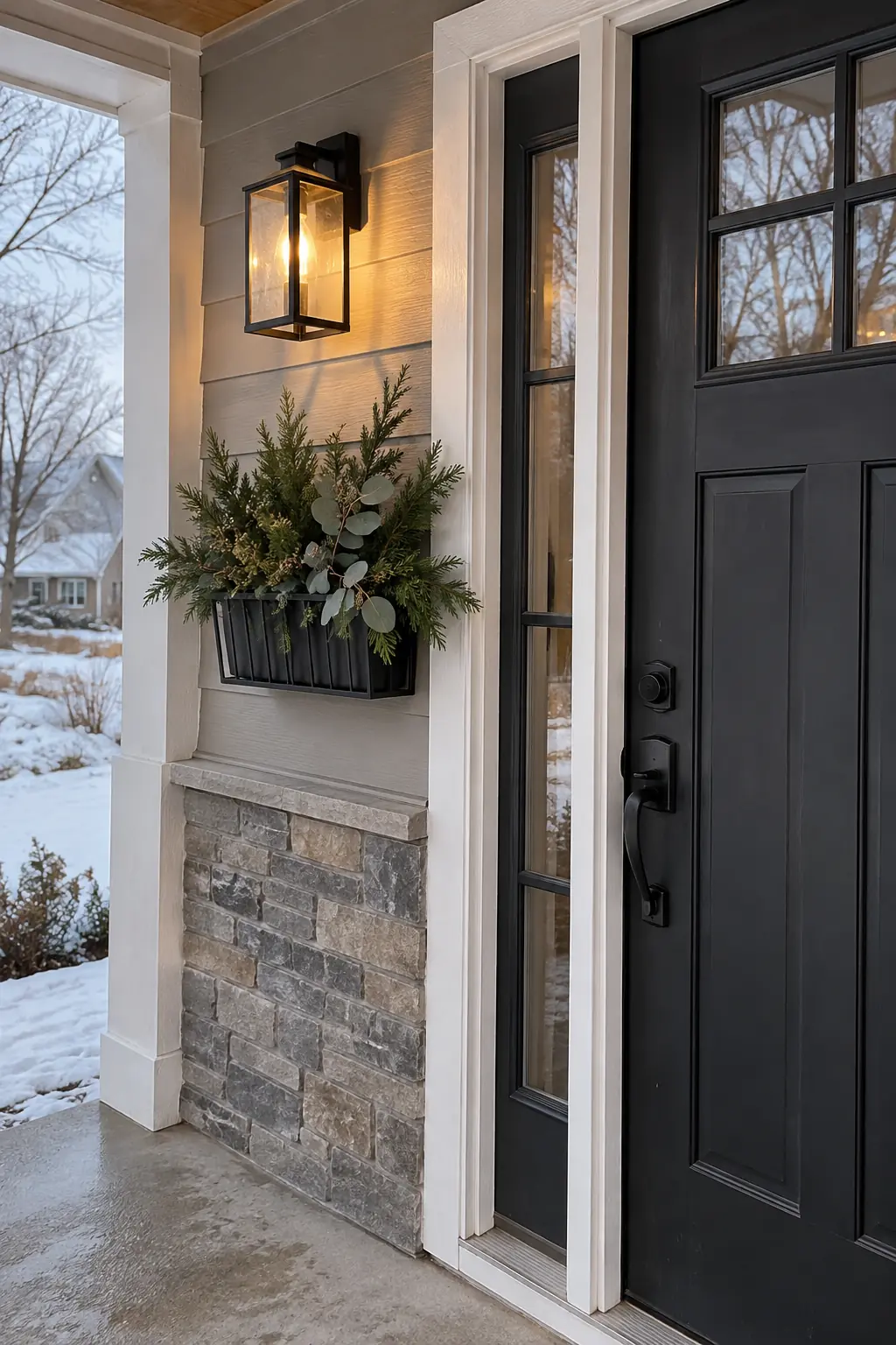 Stone porch wall with a mounted evergreen trough planter below a black sconce