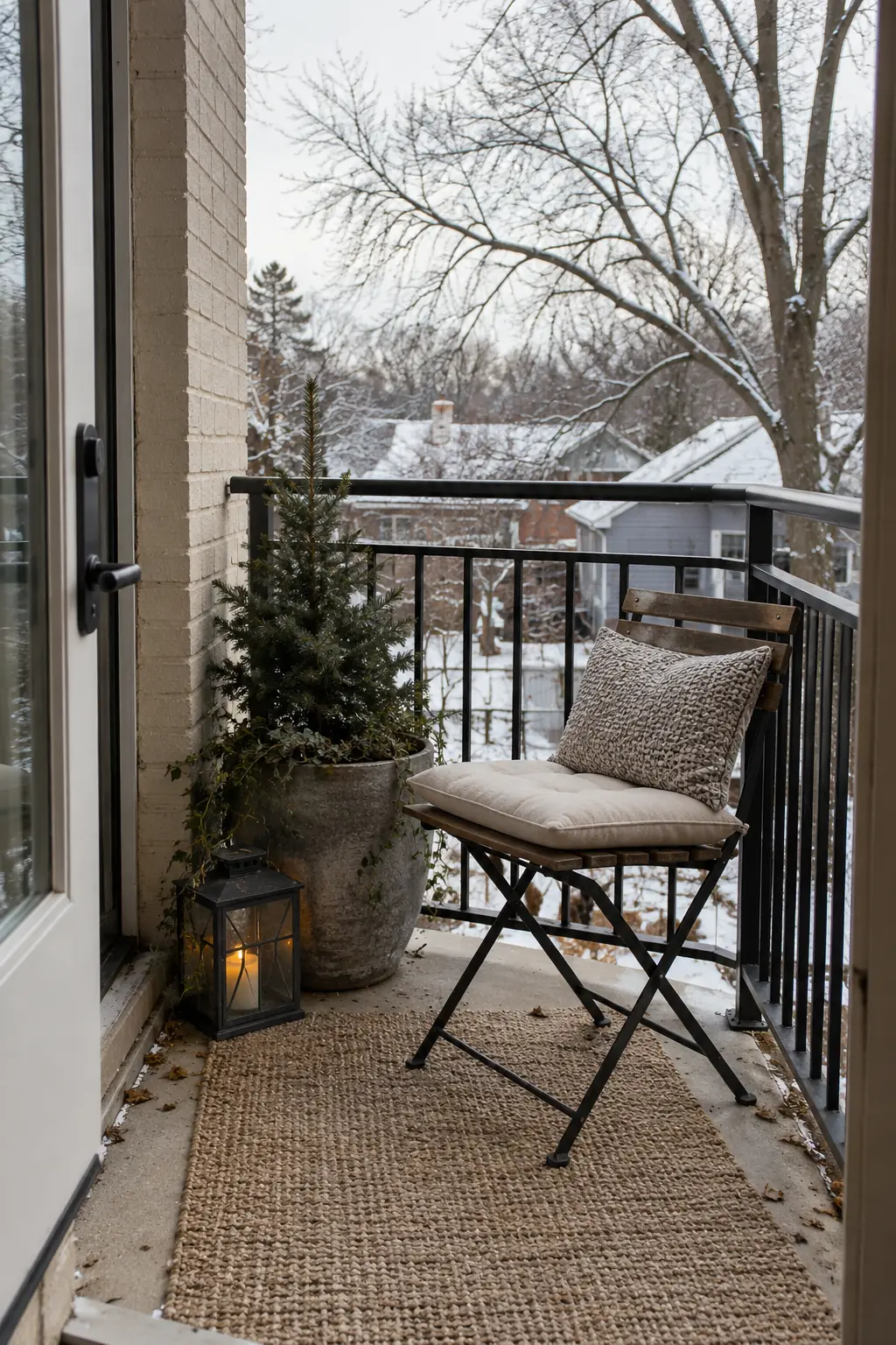 Very small winter porch with a folding chair, narrow rug, and potted evergreen