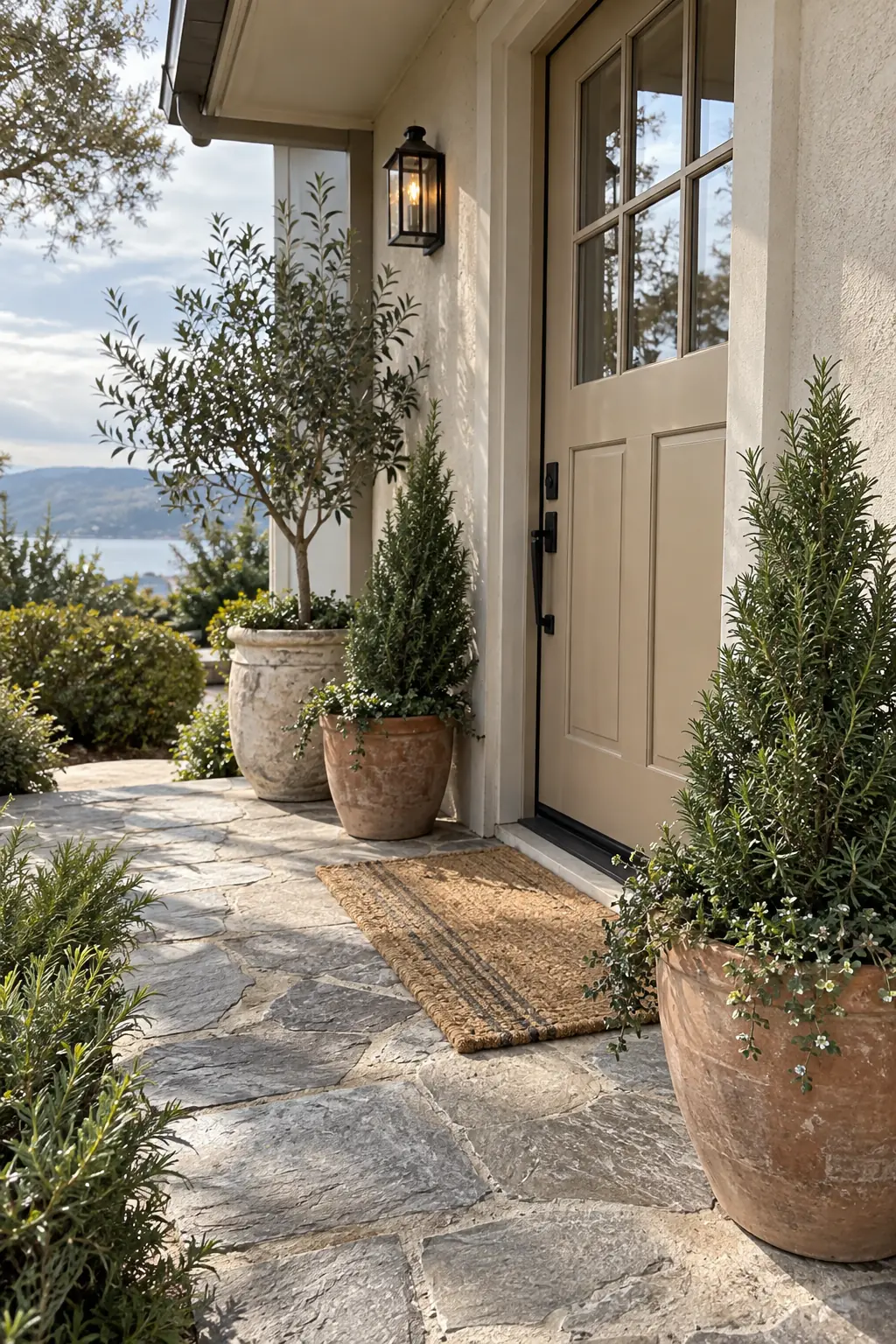 Stone porch with potted evergreens in terracotta and aged stone containers