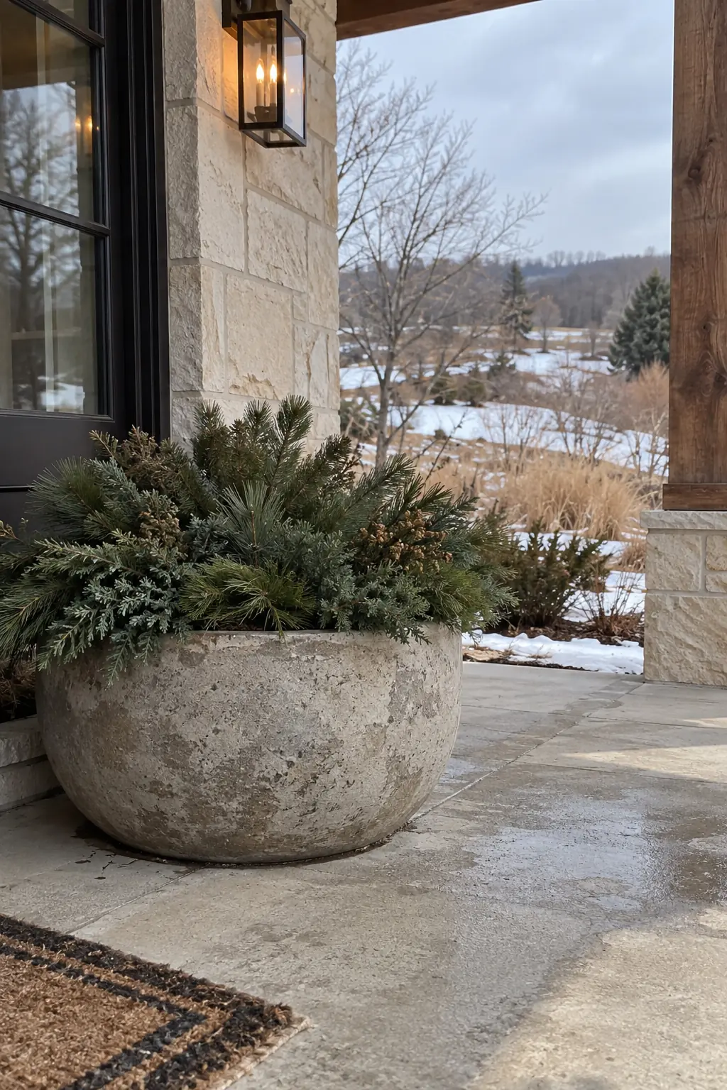 Wide porch landing with a low concrete bowl of juniper and evergreen cuttings