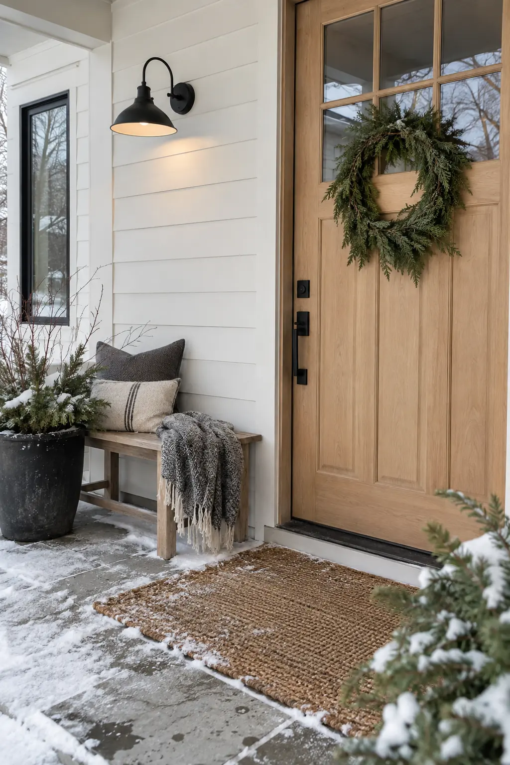 Wood porch bench with a gray washable throw, small planter, and coir mat