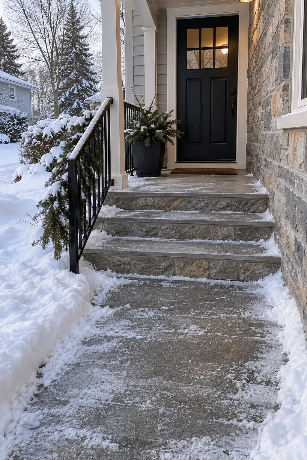 Snow-cleared porch steps with a black handrail and greenery attached only outside