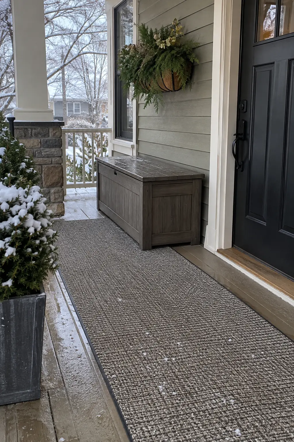 Covered winter porch with a gray outdoor storage chest and long runner