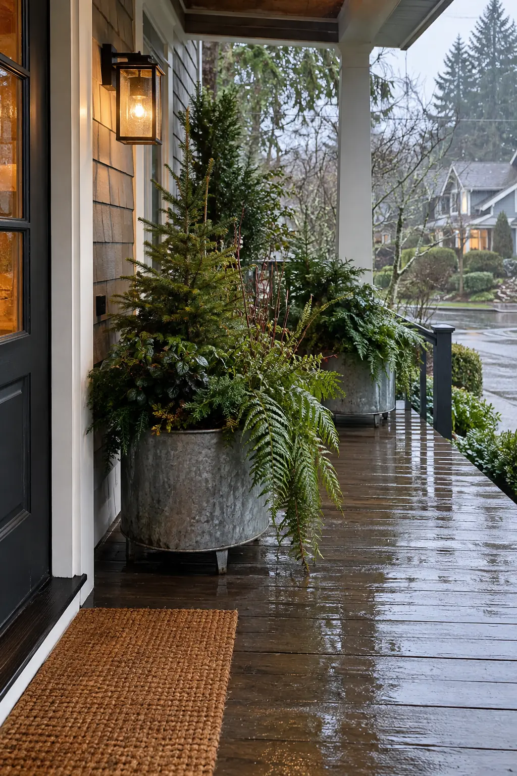 Rain-damp winter porch with a tall potted evergreen and cascading cedar
