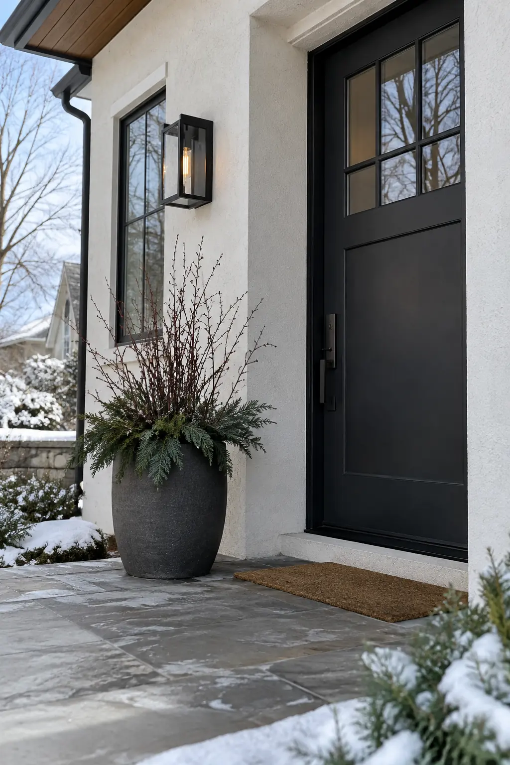 Minimal white porch with a charcoal planter of bare twigs and low evergreen