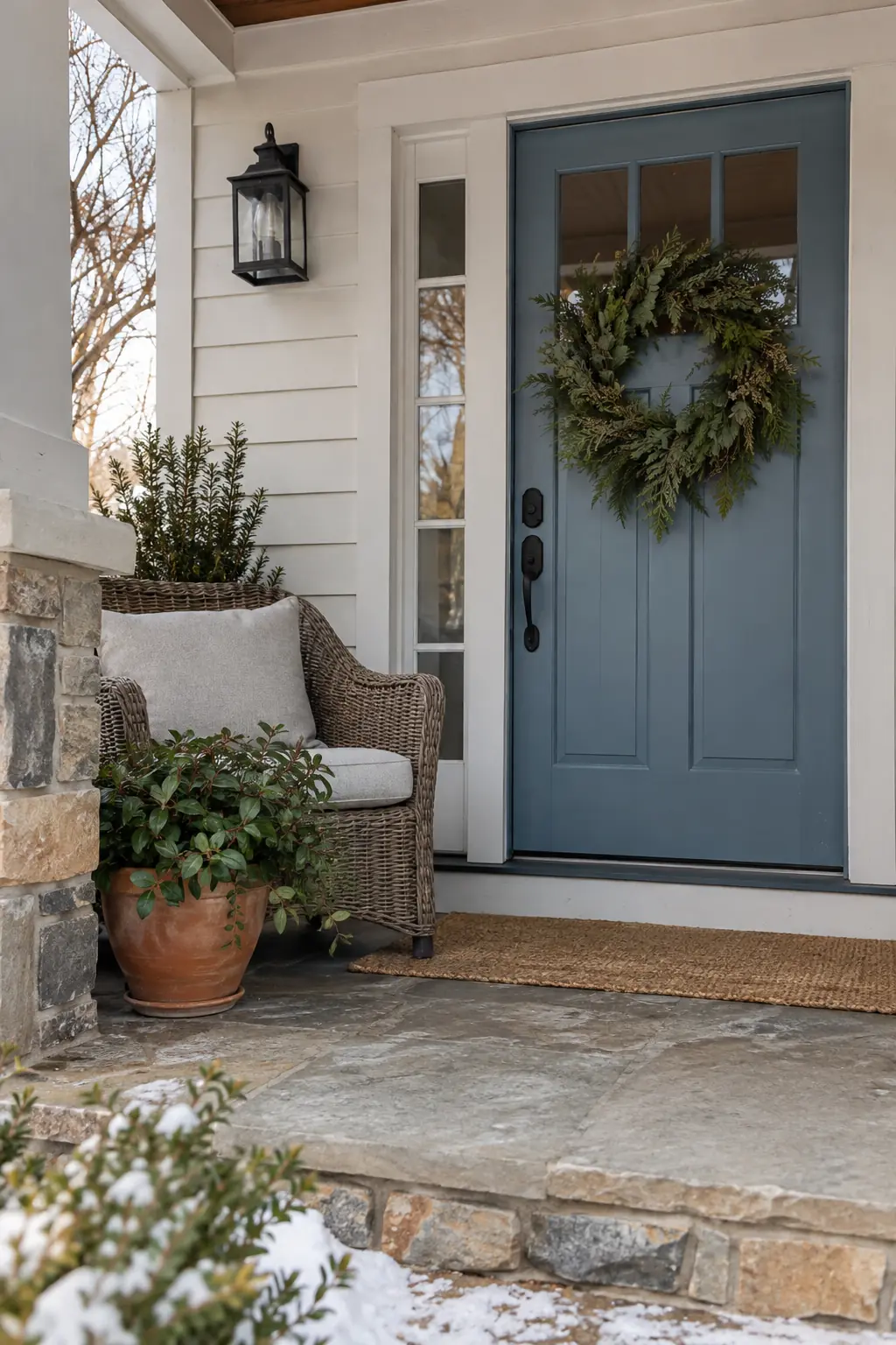 Winter porch with terracotta pots holding compact evergreens and trailing foliage