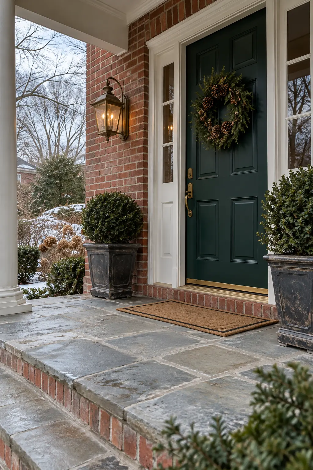 Brick winter porch with clipped evergreen pots and a dark green door