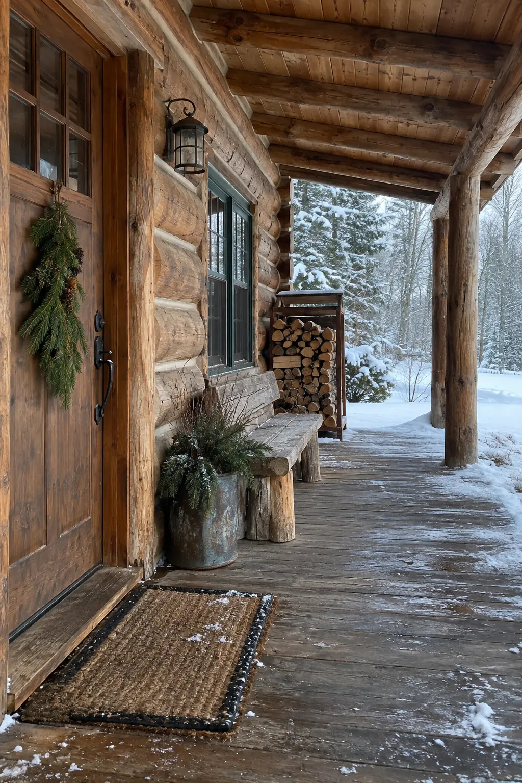 Rustic covered winter porch with a neat firewood stack, bench, and boot mat
