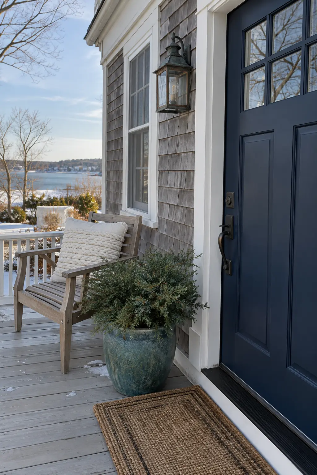 Long covered porch with a gray low-pile runner beside a navy door
