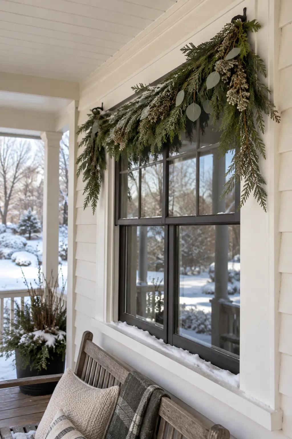 Covered porch window topped with a cedar and eucalyptus winter swag