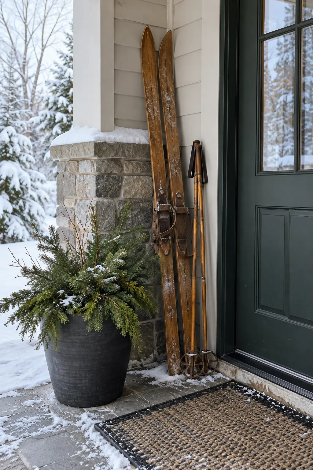 Weathered wooden skis secured beside a winter planter on a covered porch