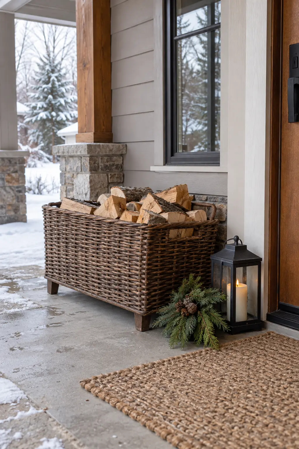 Raised woven porch basket filled with dry split firewood beside a lantern