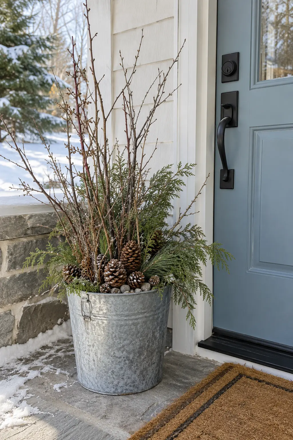 Galvanized bucket with bare branches, cedar, pinecones, and a weighted base