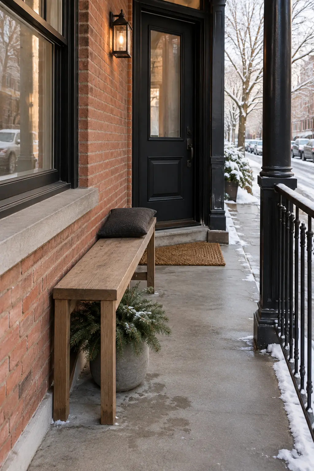 Narrow brick row-house porch with a slim wood bench and compact evergreen pot