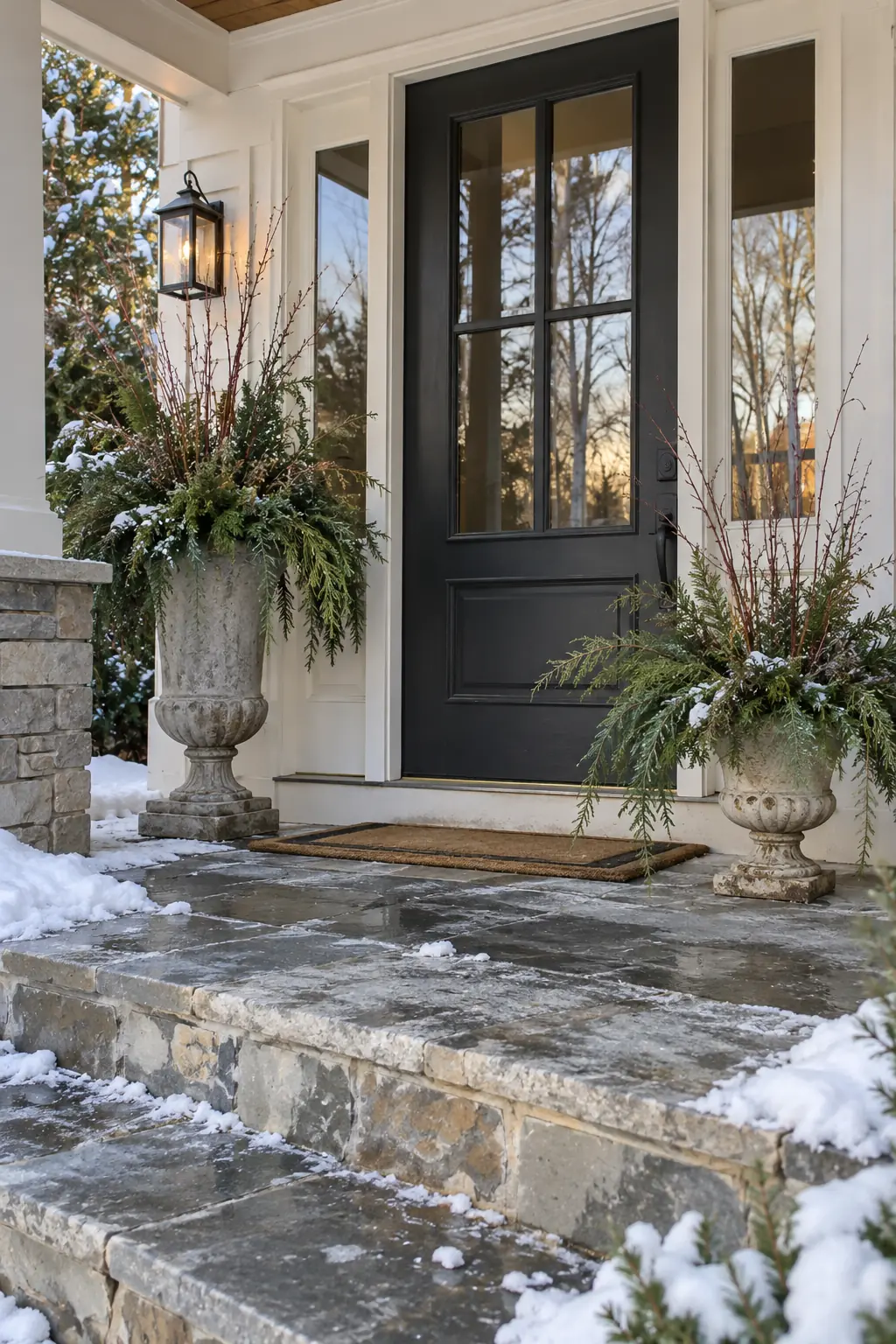 Wide porch with one tall and one short aged urn filled with loose winter greenery
