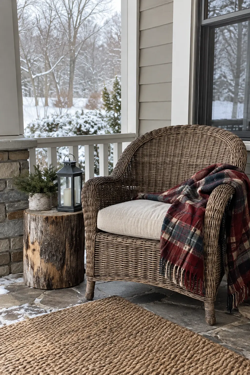 Sheltered porch corner with a wicker chair, plaid throw, and stump table