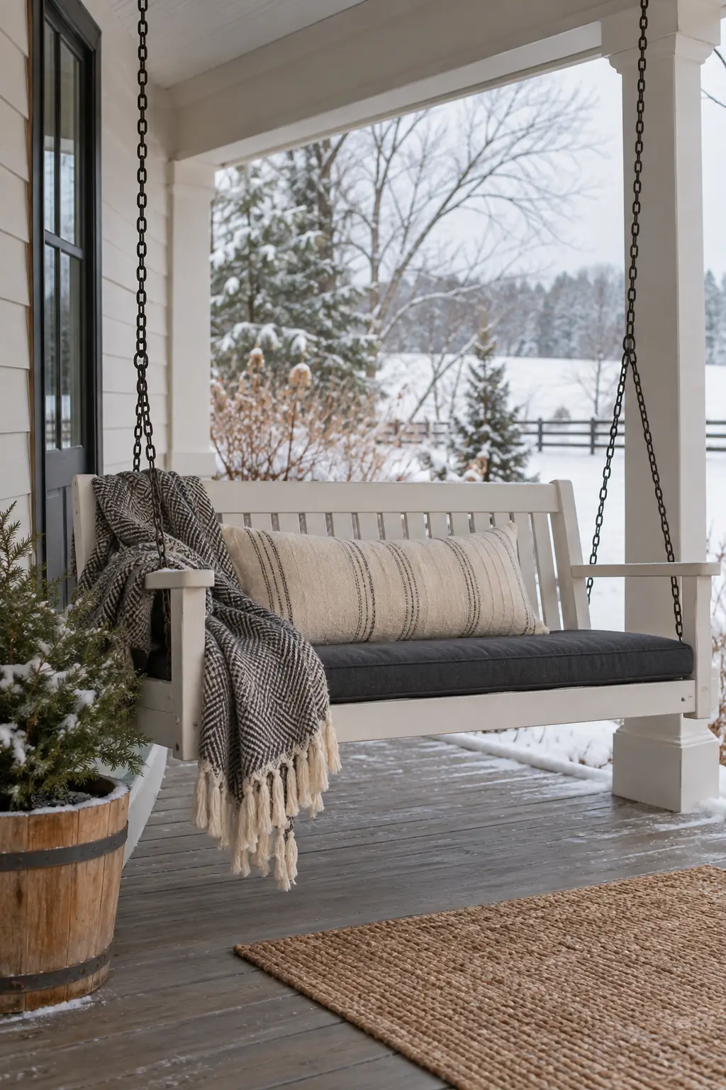 White porch swing with a charcoal cushion, cream lumbar pillow, and folded throw