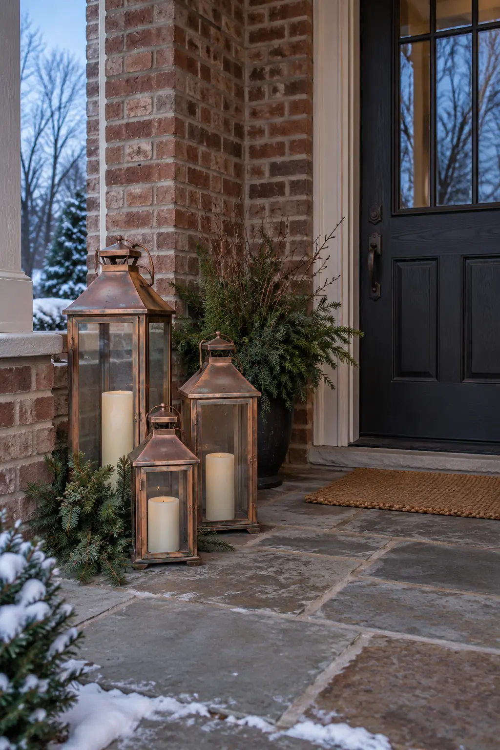 Three weathered copper lanterns of different heights on a brick winter porch