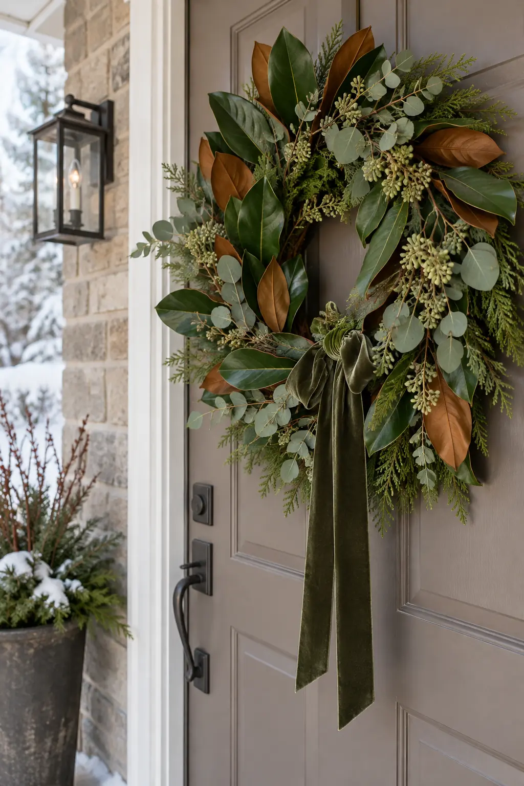 Winter door wreath made with magnolia leaves, eucalyptus, cedar, and green velvet