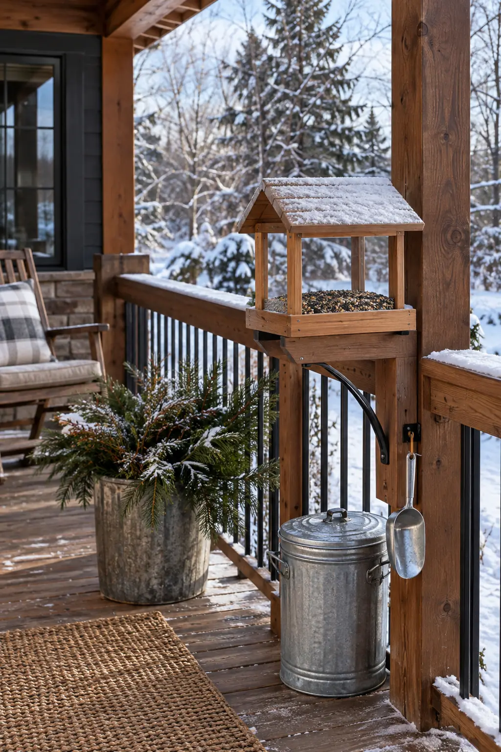 Covered porch-edge bird feeder with a lidded seed can and hanging scoop
