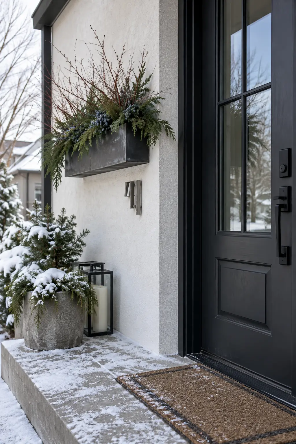 Modern porch with a wall-mounted winter planter near dark house-number hardware