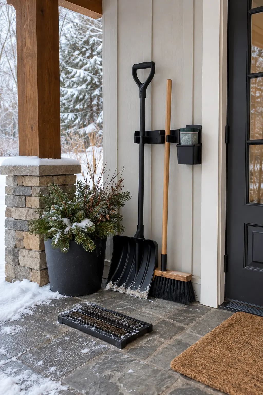Sheltered porch with a snow shovel, broom, boot scraper, and discreet wall rack