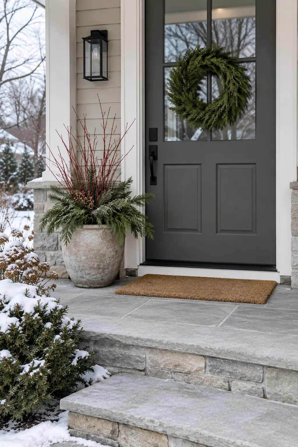 Minimal January porch with a plain cedar wreath, twig planter, and neutral mat