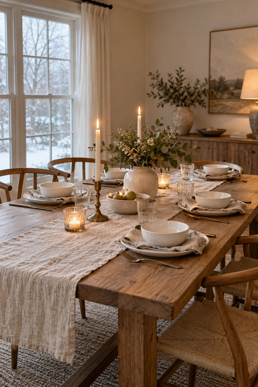 Layer Oatmeal Linen With White Stoneware winter tablescape after Christmas