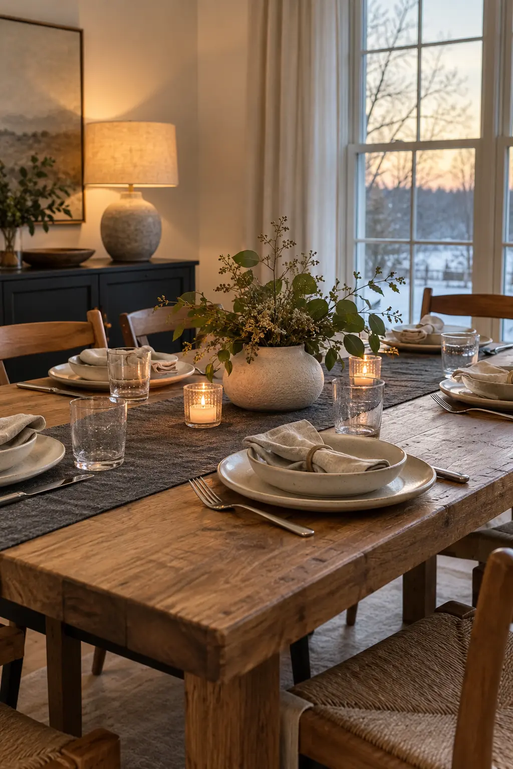 Ground Pale Dishes With a Dark Runner winter tablescape after Christmas