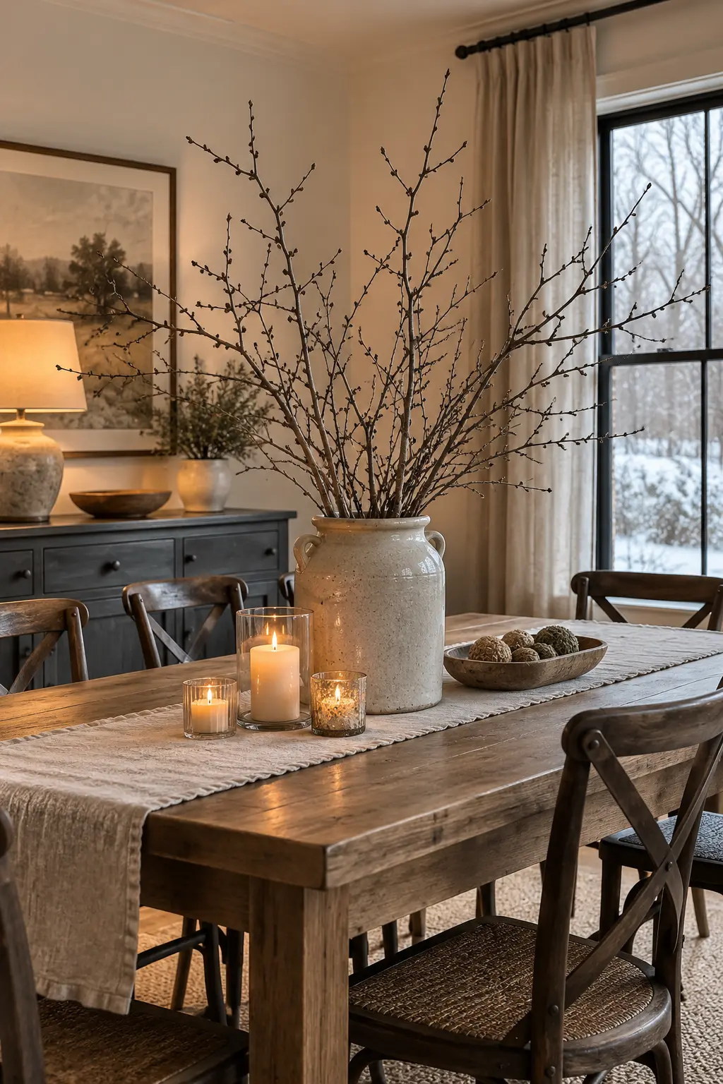 Arrange Bare Branches in a Stoneware Crock winter tablescape after Christmas