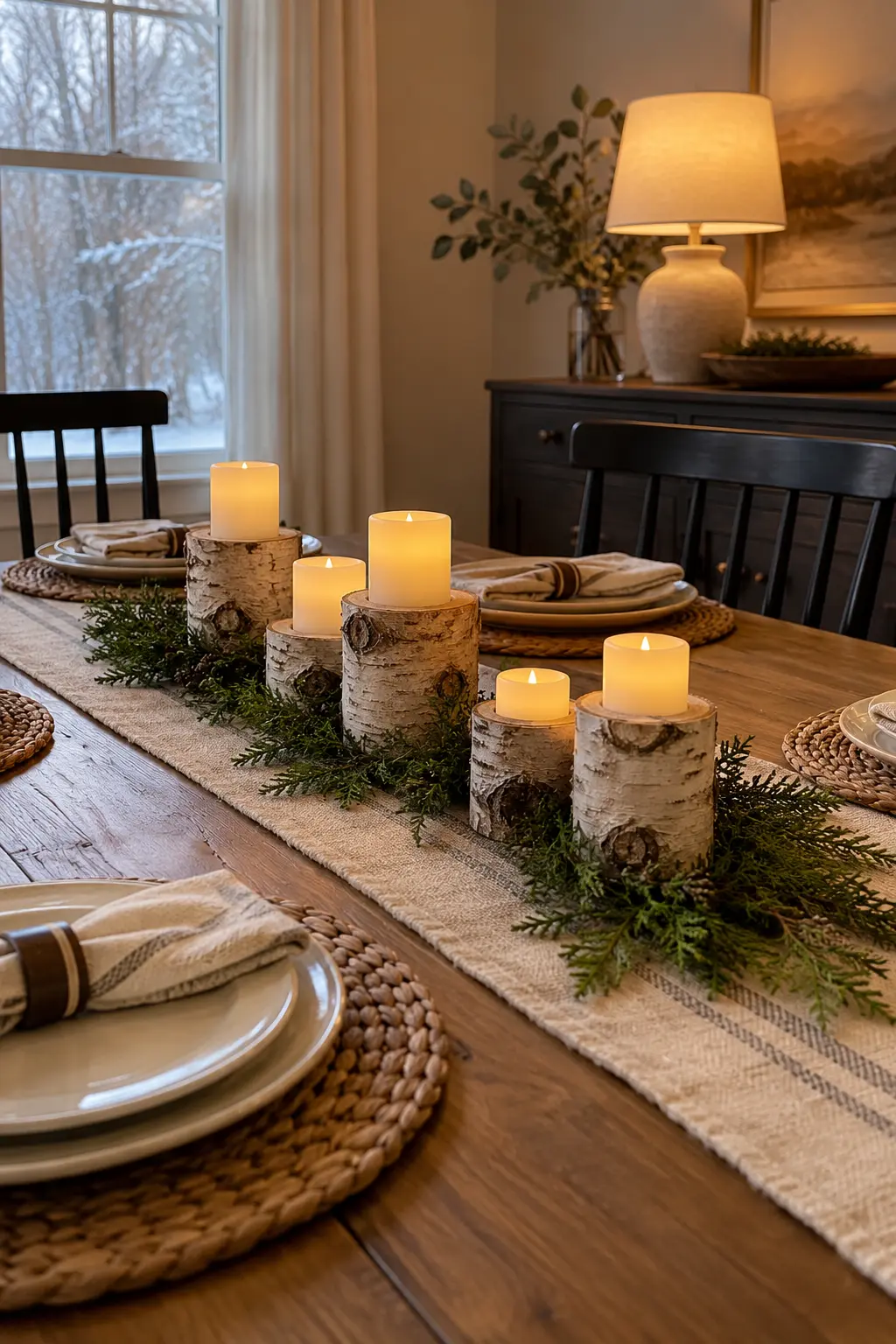 Line Up Small Birch Log Sections winter tablescape after Christmas