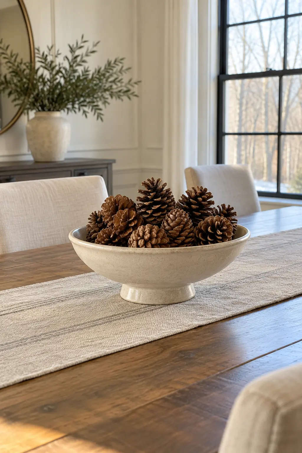 Fill a Footed Bowl With Pinecones winter tablescape after Christmas